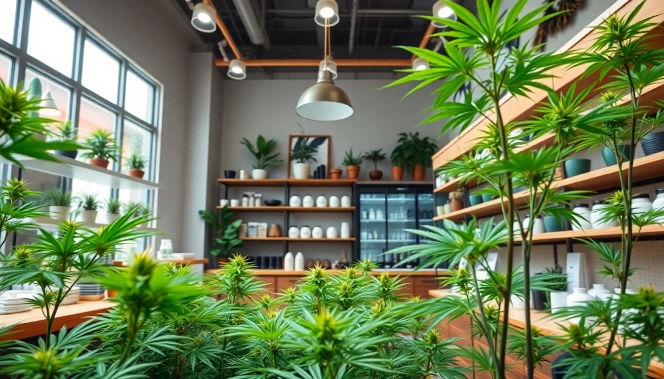 Explore the vibrant ambiance of an online pot shop filled with lush cannabis plants.