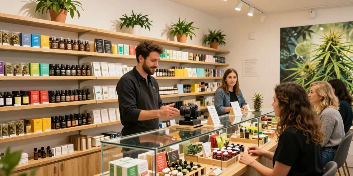 Warm and inviting cannabis shop scene showcasing the city of canna uk products with customers browsing and budtender assistance.