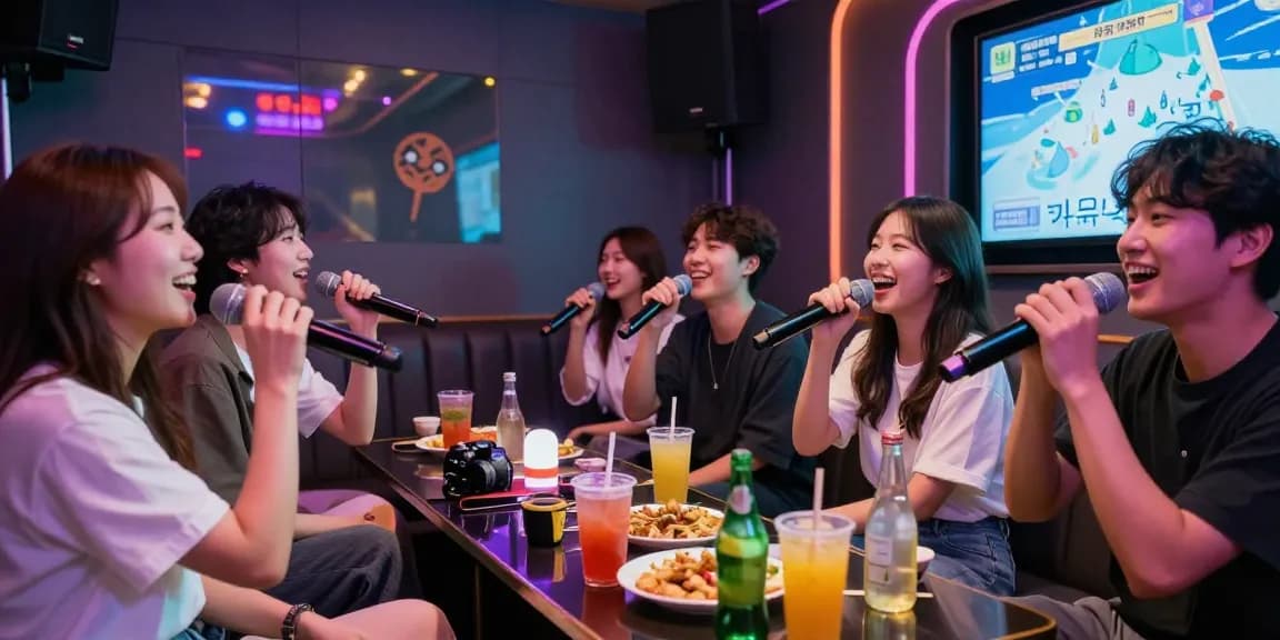 제주유흥의 밤, 친구들이 가라오케에서 즐거운 시간을 보내며 노래를 부르고 있는 모습