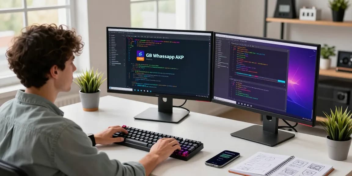 Developer working on GB WhatsApp APK in a modern tech workspace with dual monitors.