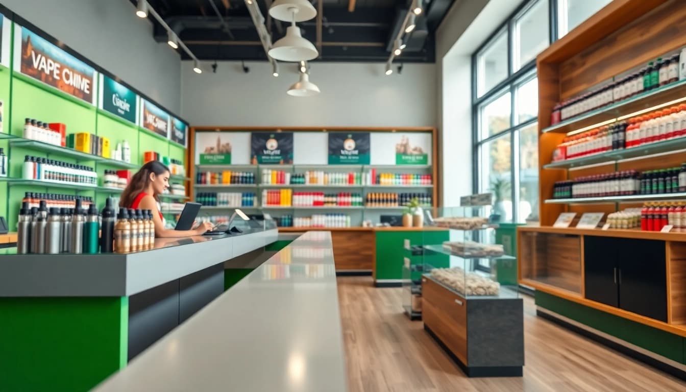 Engage with a vibrant vape shop showcasing diverse vape devices and e-liquids.