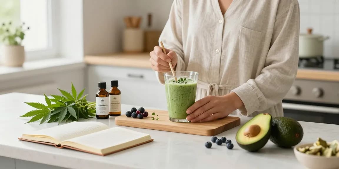 Achat CBD dans une cuisine lumineuse avec des ingrédients bio, des huiles de cannabidiol et un journal de bien-être.