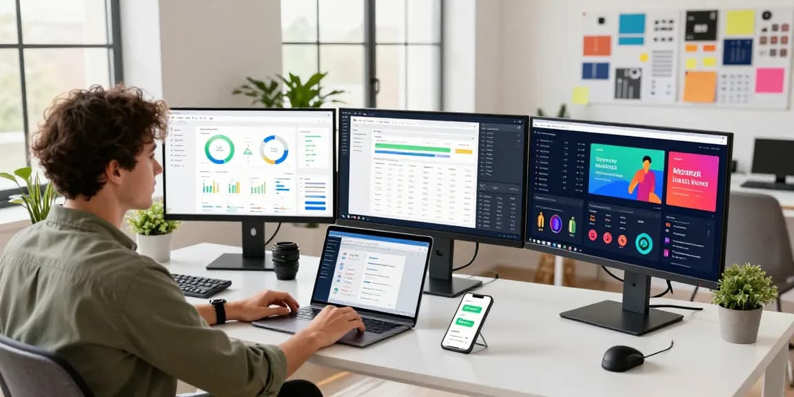 Marketing strategist analyzing link raja328 campaign metrics in a vibrant office space, showcasing creativity and productivity.