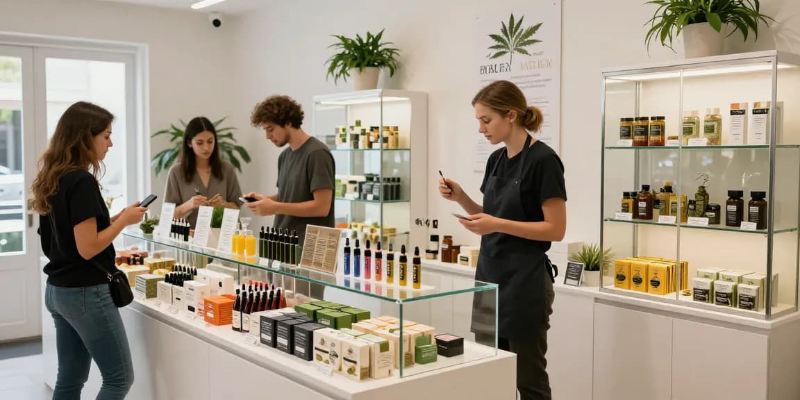 Customers exploring products including 100 haschplatte in a modern cannabis shop, showcasing premium offerings.