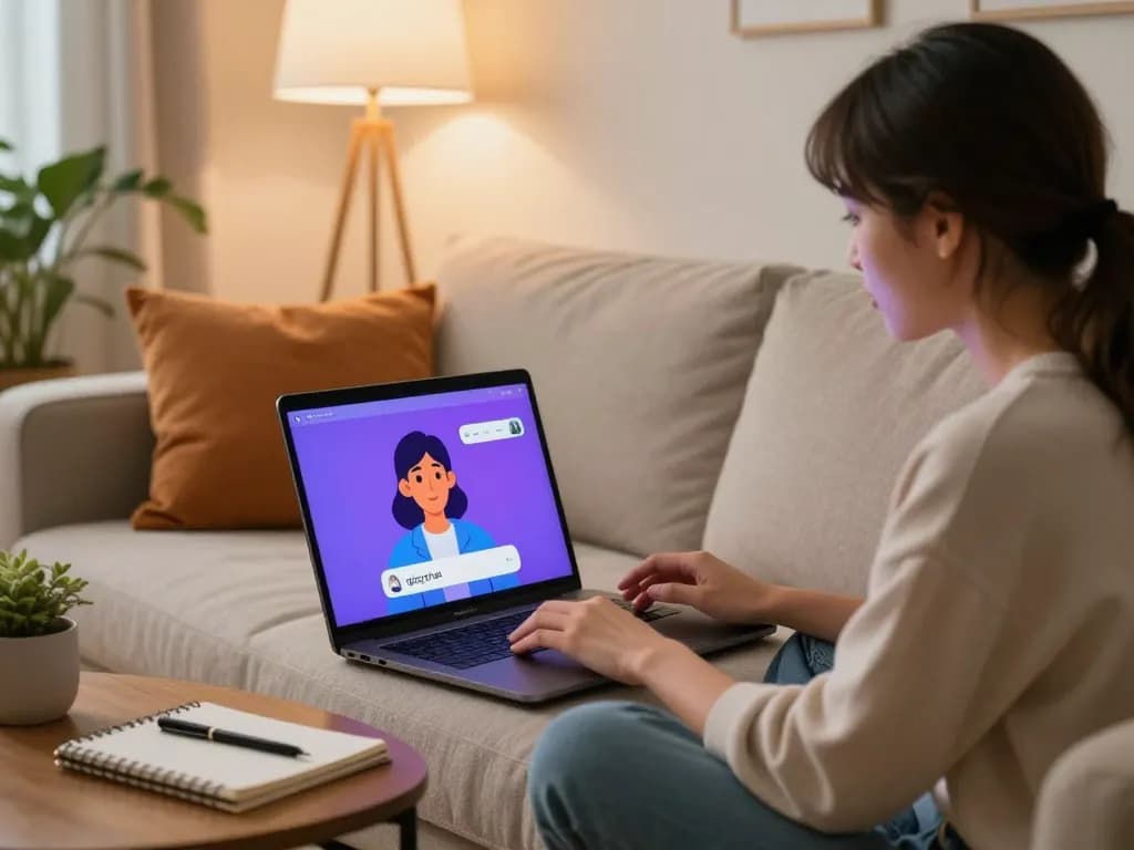 User engaging with spicychat AI on a laptop in a cozy home environment, vibrant digital interface visible.