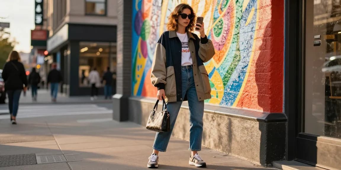 Trendy individual showcasing 레플리카 fashion in a vibrant urban setting, surrounded by street art and stylish accessories.