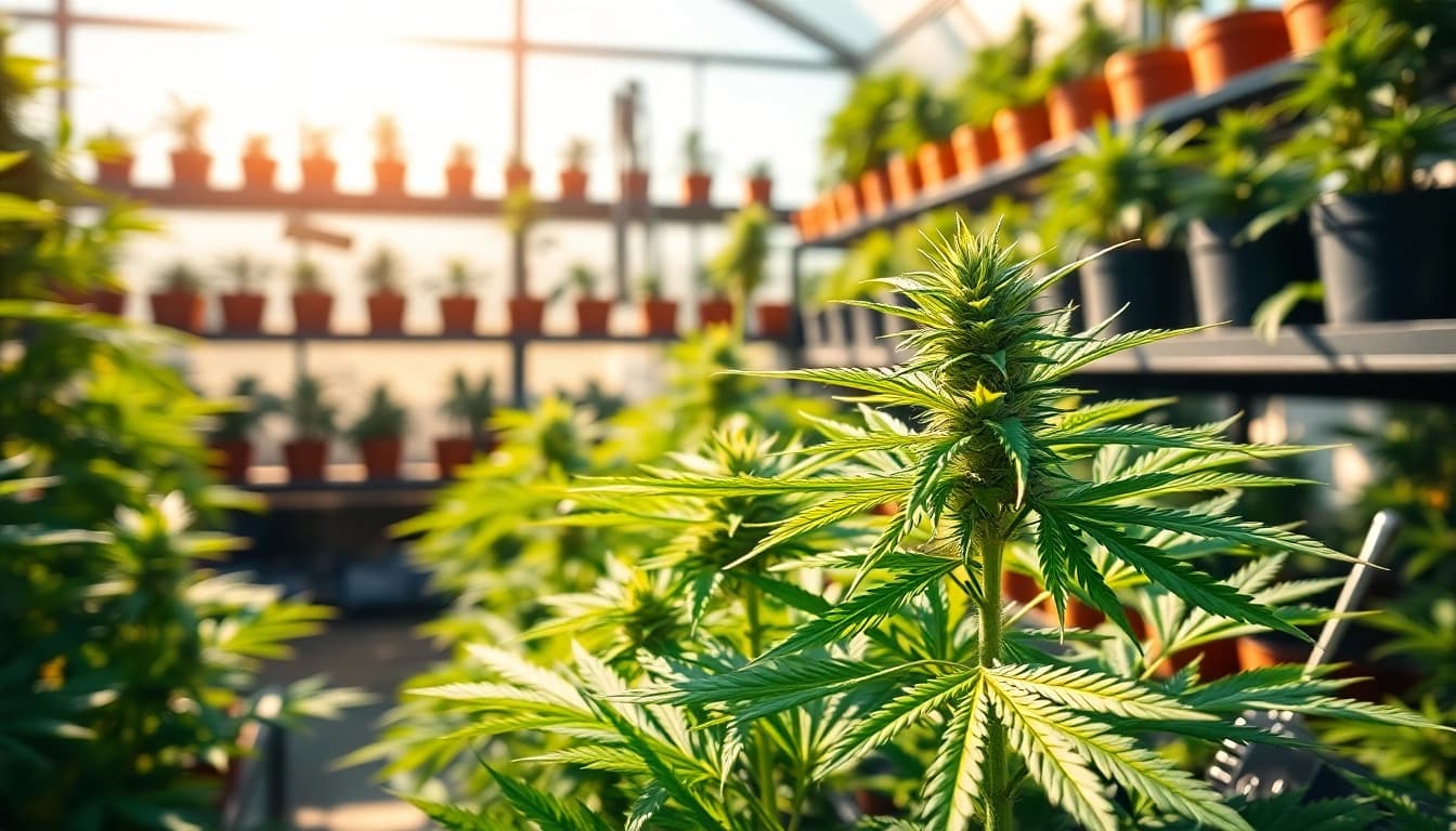Cannabis online vibrant plant in a sunny greenhouse representing growth and health.