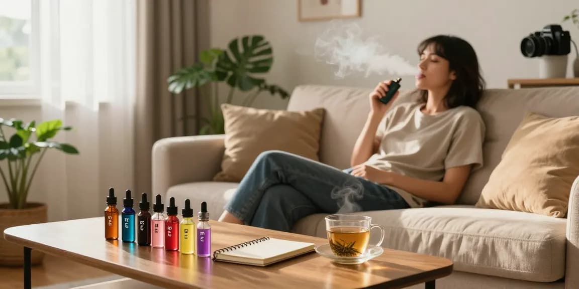 THC vape liquid displayed with hemp extract and natural wellness items in a cozy living room.