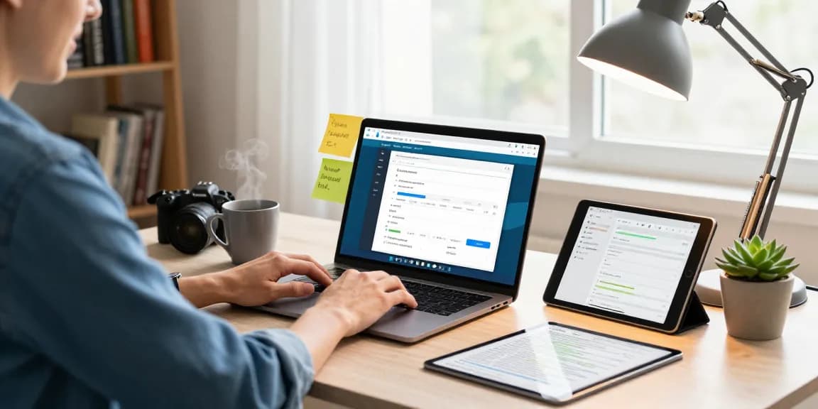 Person using the Telegram Web Version on a laptop at a cozy home workspace.