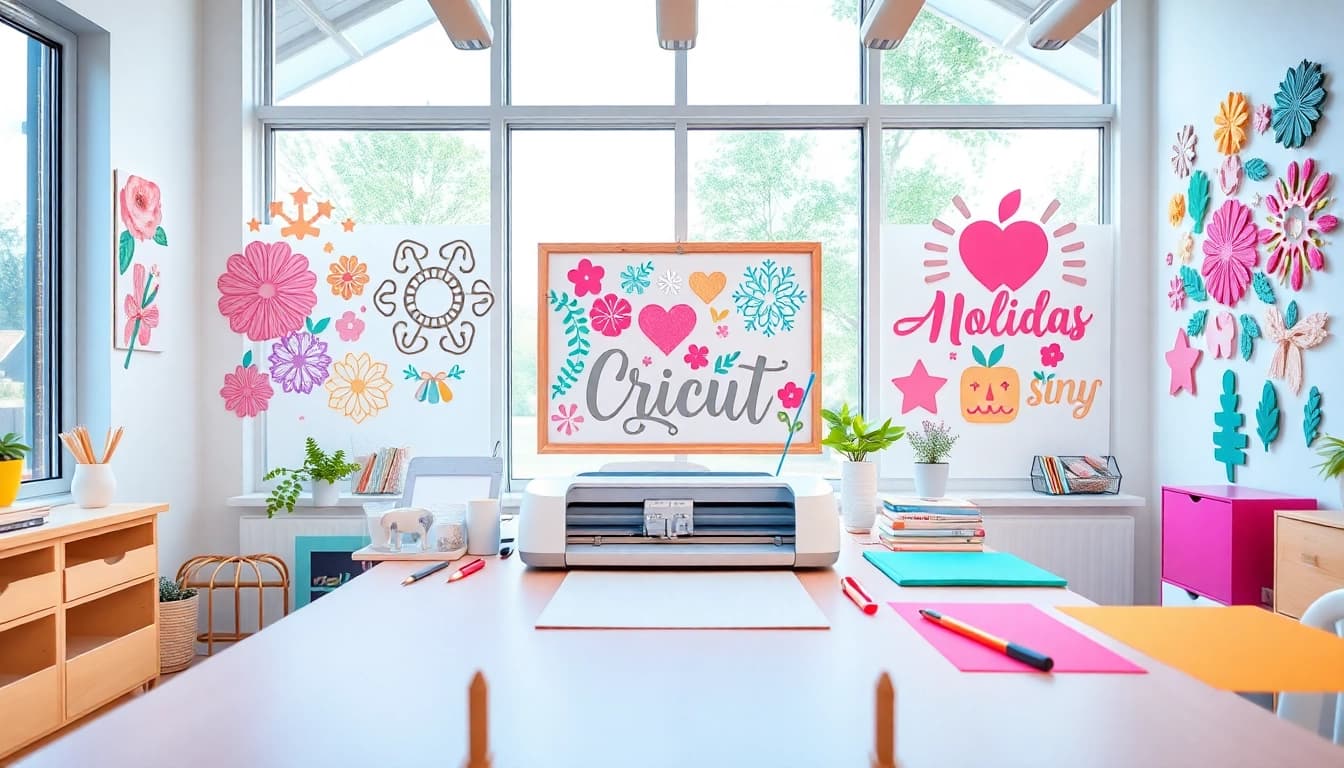 Cricut SVG designs displayed on a crafting table in a bright studio