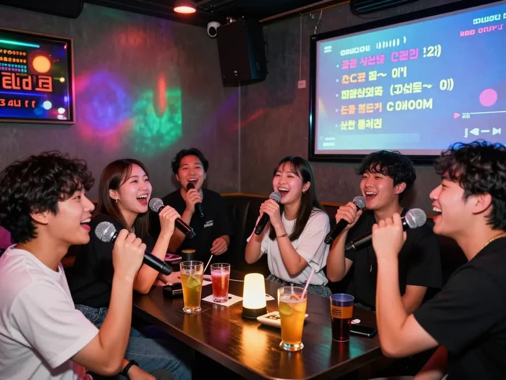 Fun and exciting 제주유흥 karaoke experience with friends enjoying drinks and singing in vibrant atmosphere.