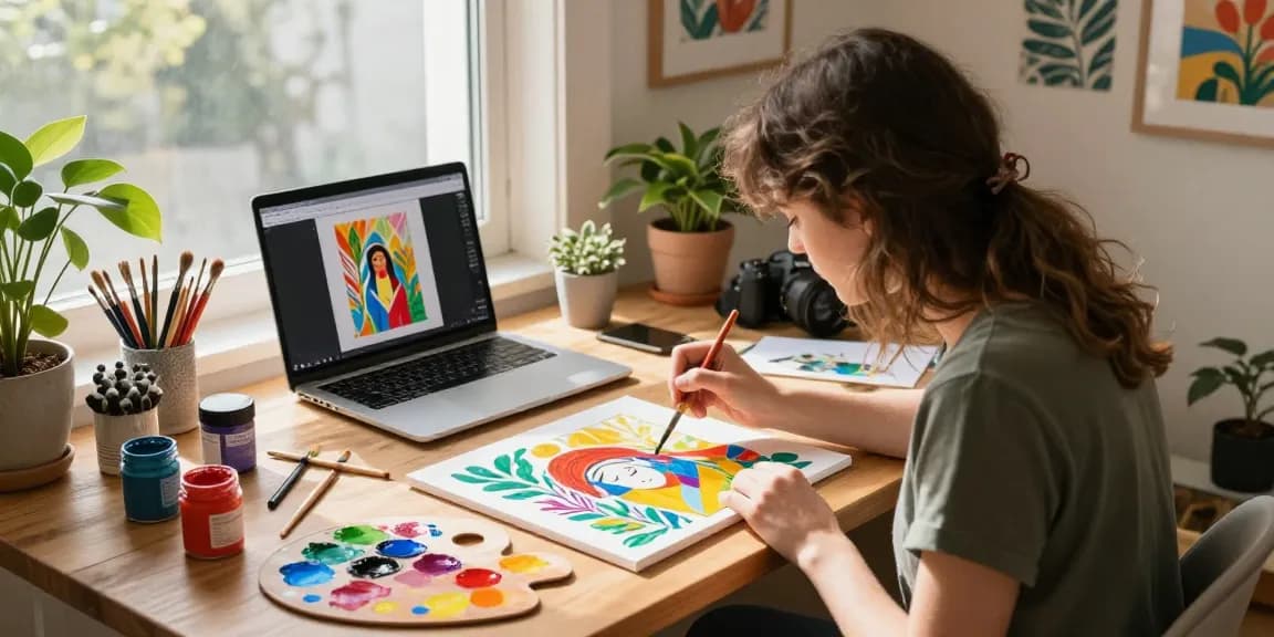 Creating a personalized masterpiece with customized paint by number kit in a bright home studio.