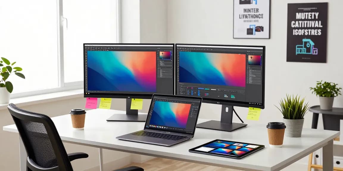 An innovative workspace featuring Snipaste官网's powerful screenshot tool with vibrant displays and a designer at work.