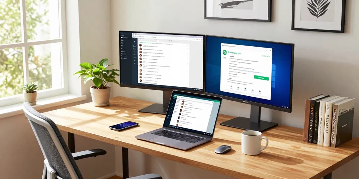 Person using WhatsApp電腦版 on a laptop in a brightly lit home office.