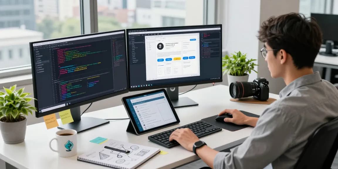 Developer coding with KoboldAI on multiple monitors in a modern workspace.