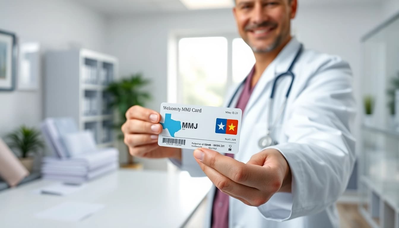 Holding a Texas MMJ card, a doctor in a bright office conveys trust and professionalism.