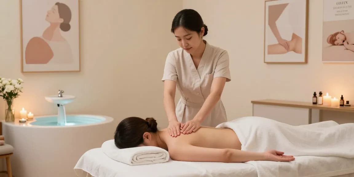 Expert therapist performing 구로마사지 in serene spa environment with calming decor.