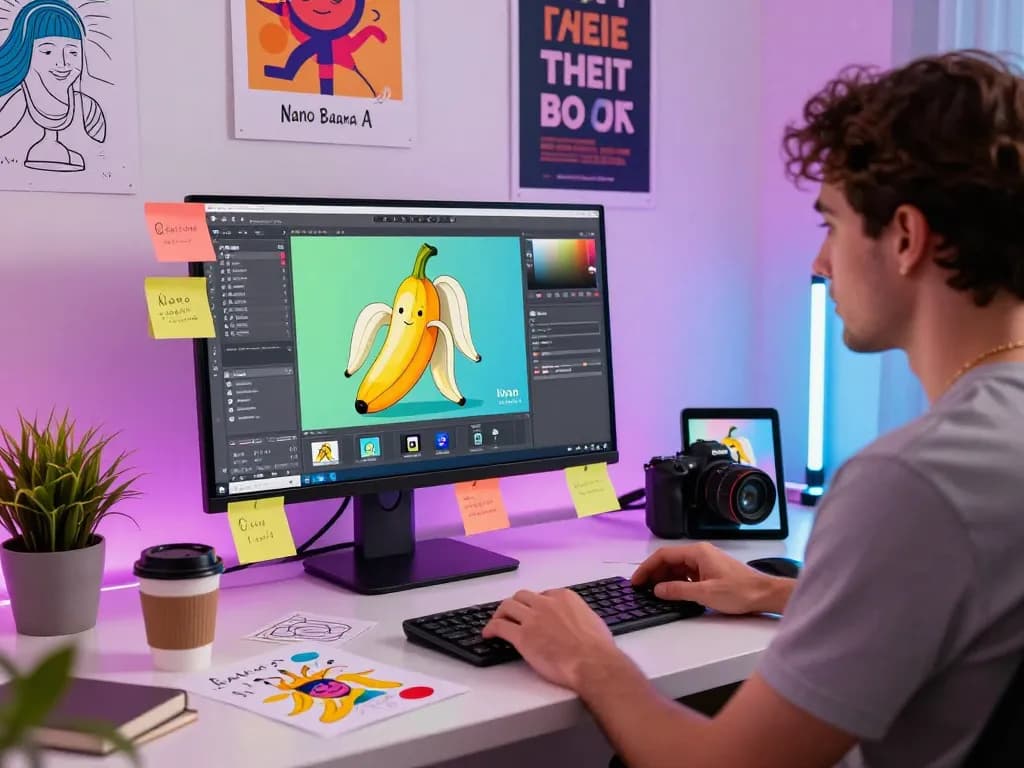 Artist using nano banana AI image editor in a vibrant workspace with creative elements.