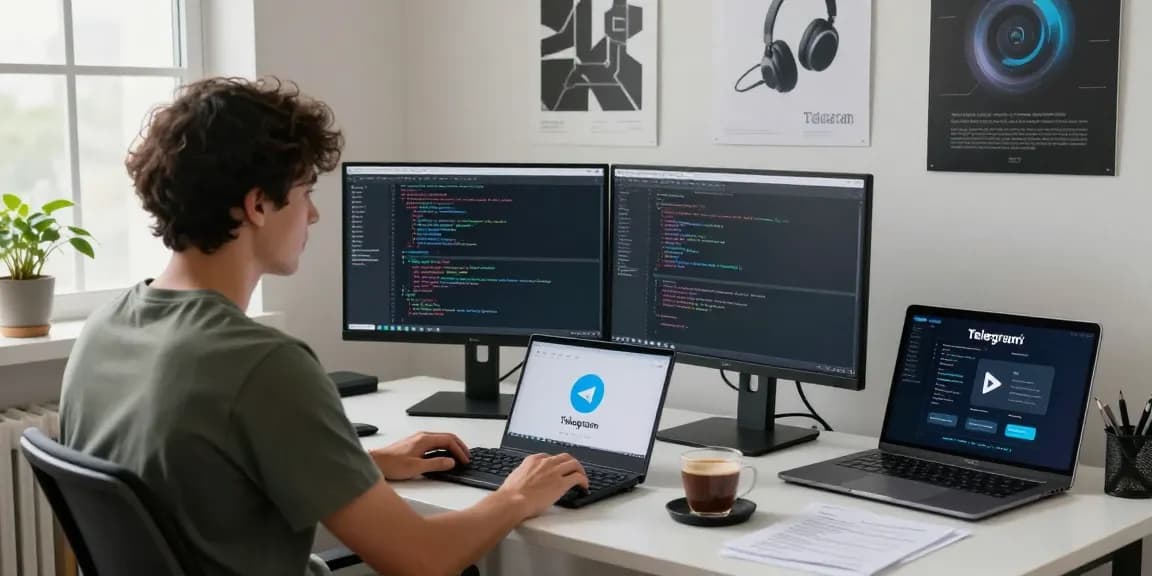 telegram中文版下载 in a modern workspace with a developer coding on dual monitors and engaging environment.