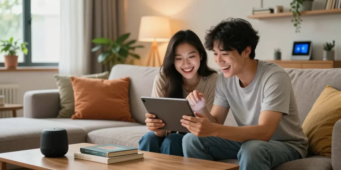 Young couple enjoying a playful sex ai chat on a tablet in a cozy living room.