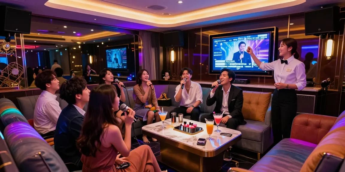 Enjoying a night out at 강남 가라오케 with friends in a vibrant lounge.