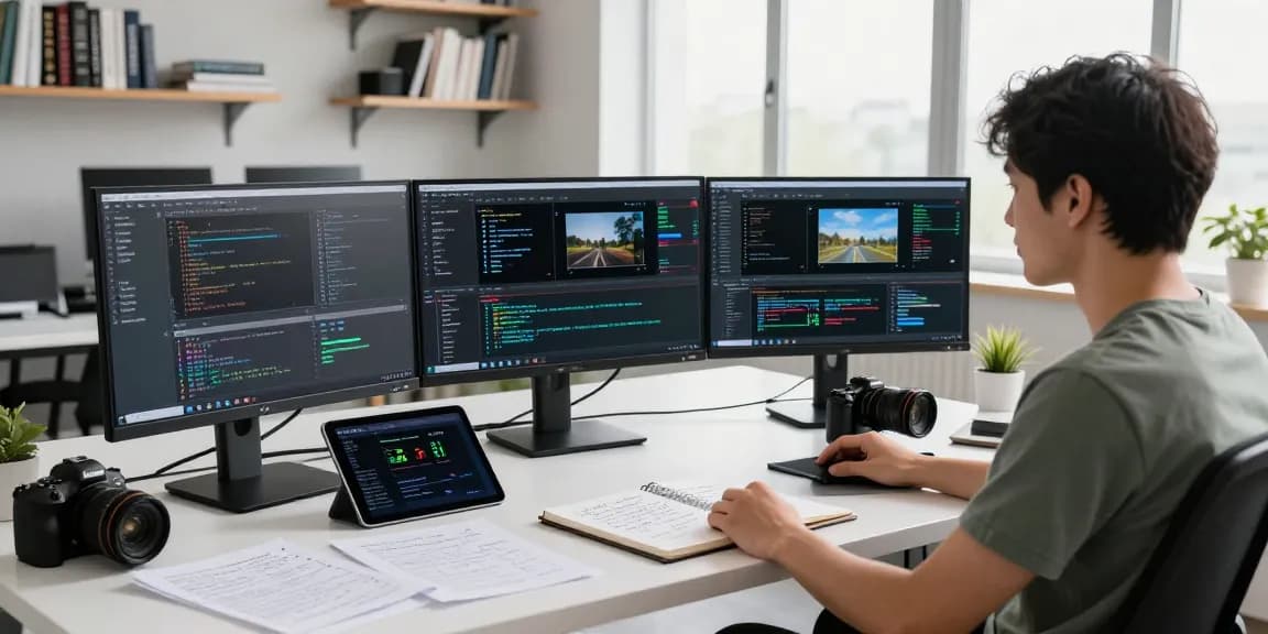 AI image detector in action, showcasing a data scientist analyzing algorithms on multiple monitors in a bright tech workspace.