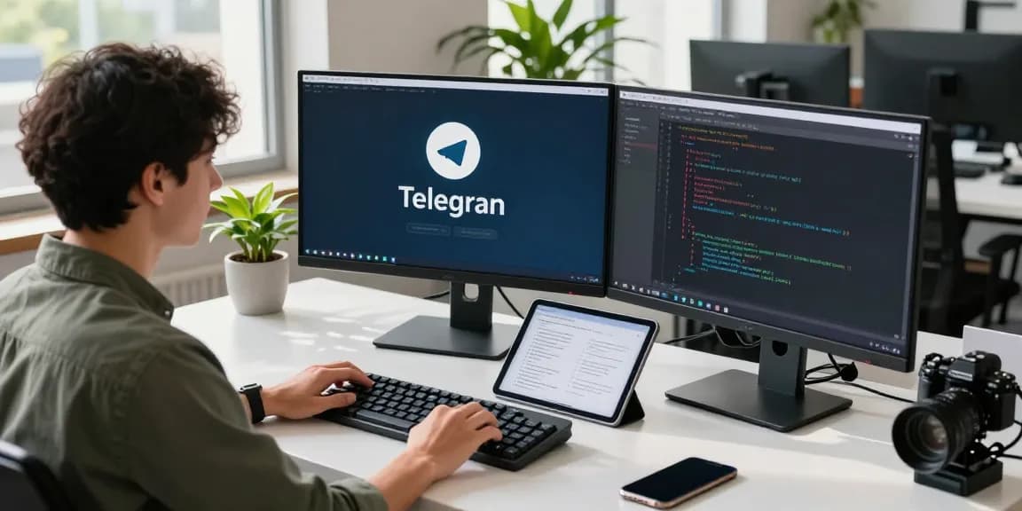 Developer analyzing telegram中文版下载 interface on dual monitors in modern tech workspace