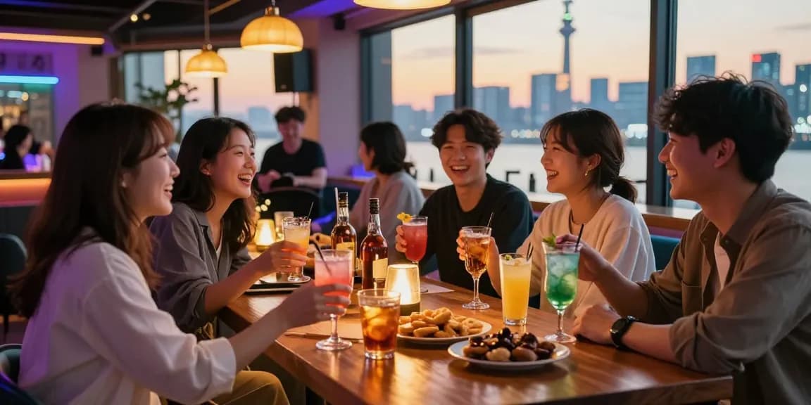 Vibrant 제주유흥 scene showcasing friends enjoying drinks in a stylish bar.