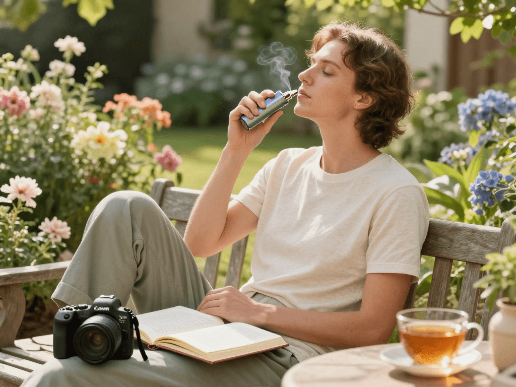 Discover canabis vape benefits with a relaxing wellness moment enjoyed outdoors, surrounded by nature and organic products.