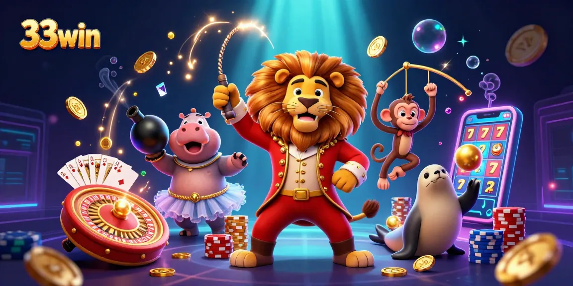 Experience thrilling gameplay at 33win with a vibrant circus-themed casino illustration featuring dynamic characters.
