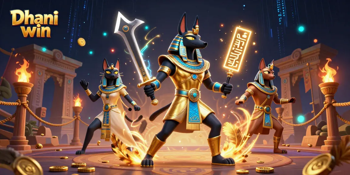 Play exciting games on Dhani win with Anubis and Bastet in a vibrant casino illustration.