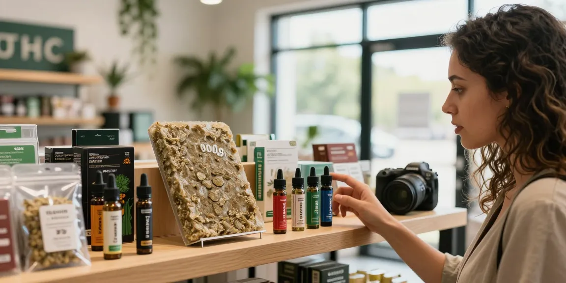 100 Haschplatte und hochwertige THC-Vapes in einem modernen Cannabis-Shop, eingeladen zur Erkundung.