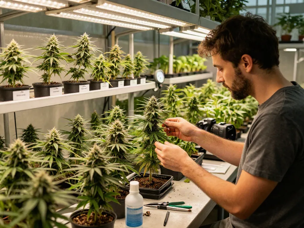 Indoor garden showcasing vibrant cannabis genetics with a grower inspecting healthy plants.