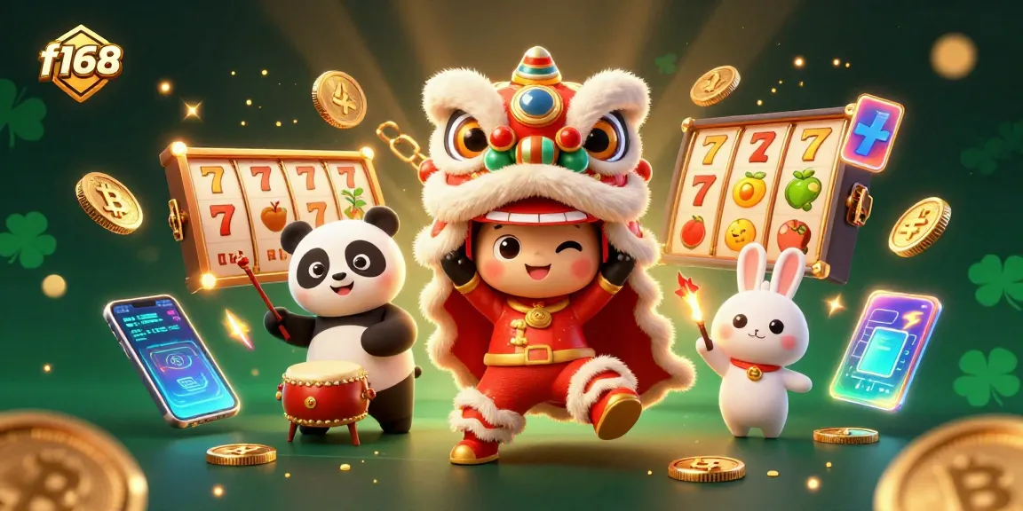 Experience the excitement of f168 with a joyful lion dance, dazzling coins, and vibrant casino elements.
