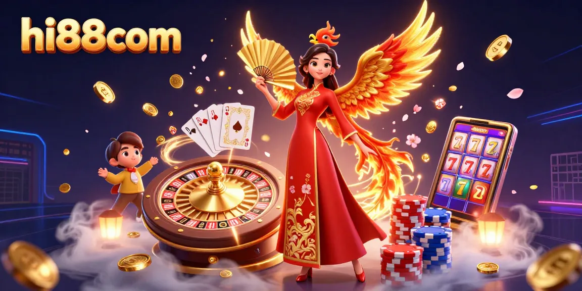 Engage with exciting games at hi88com, featuring vibrant casino scenes and dynamic golden elements.
