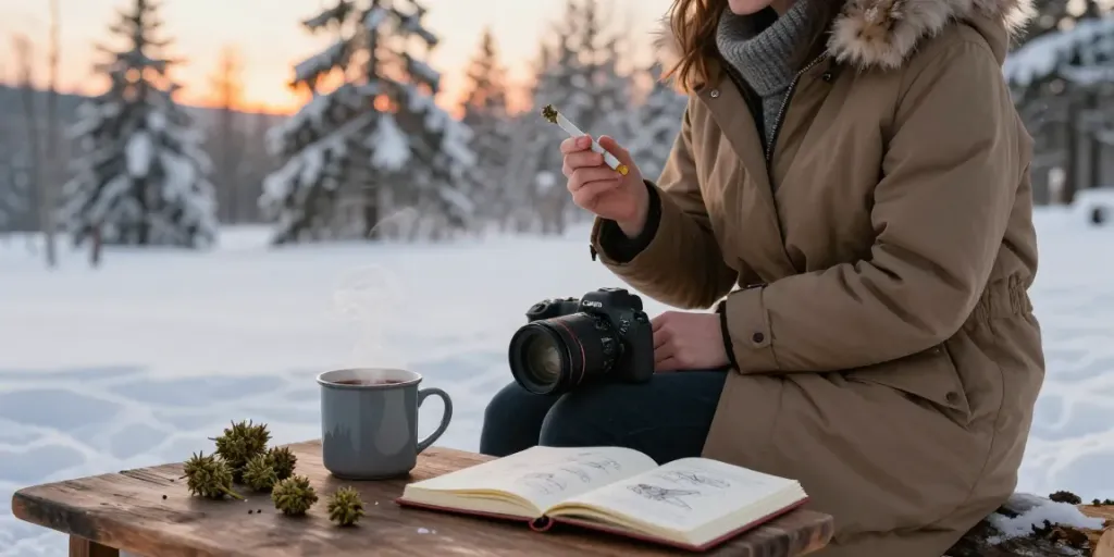 Relaxing with gold buds Canada outdoors in a winter landscape.