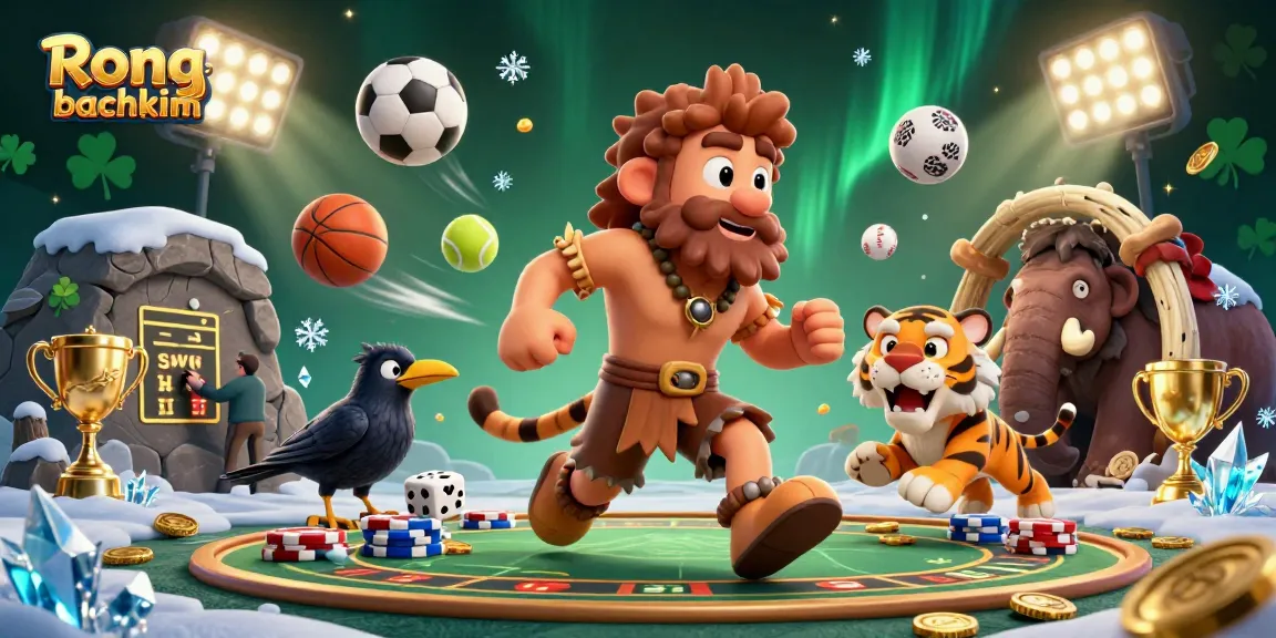 Rong bachkim showcases a fun prehistoric casino scene with animated characters engaging bettors.
