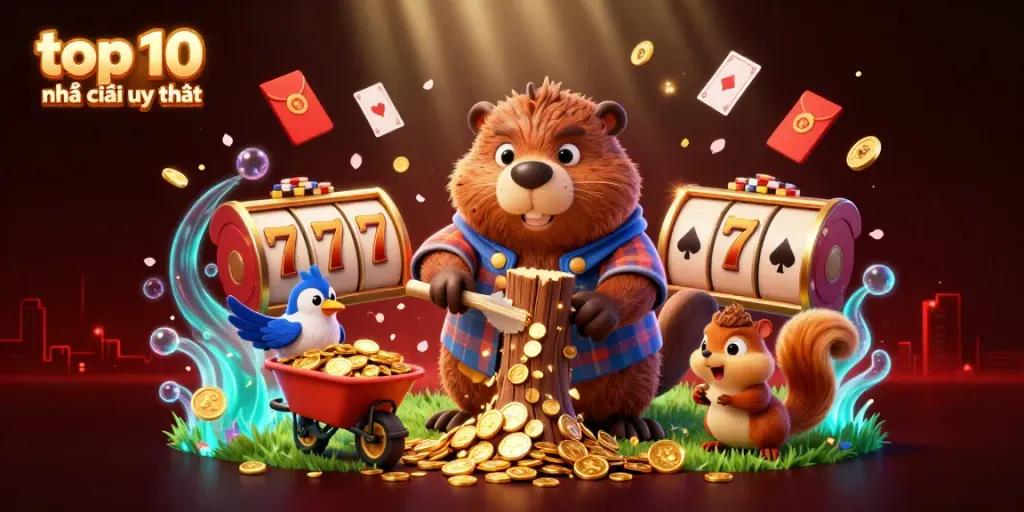 Chop coins and cards raining down in our 3D scene showcasing top 10 nhà cái uy tín.