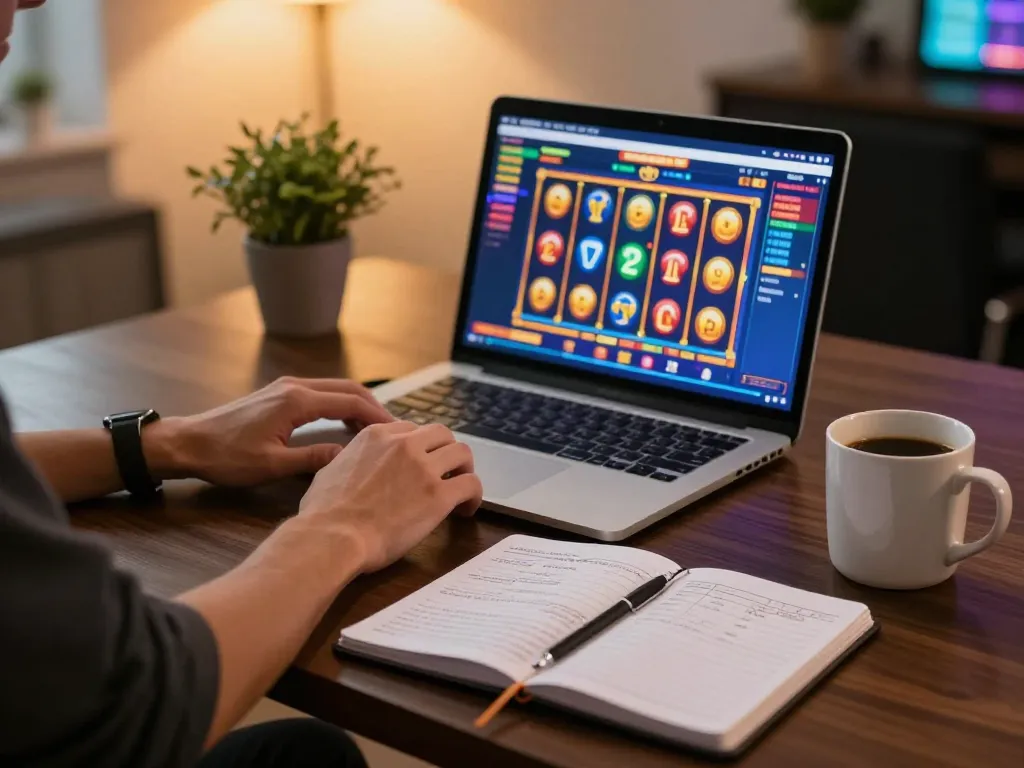 Engaging online gaming scene featuring a slot bonus new member 100 displayed on a laptop screen while tracking strategies in a cozy atmosphere.