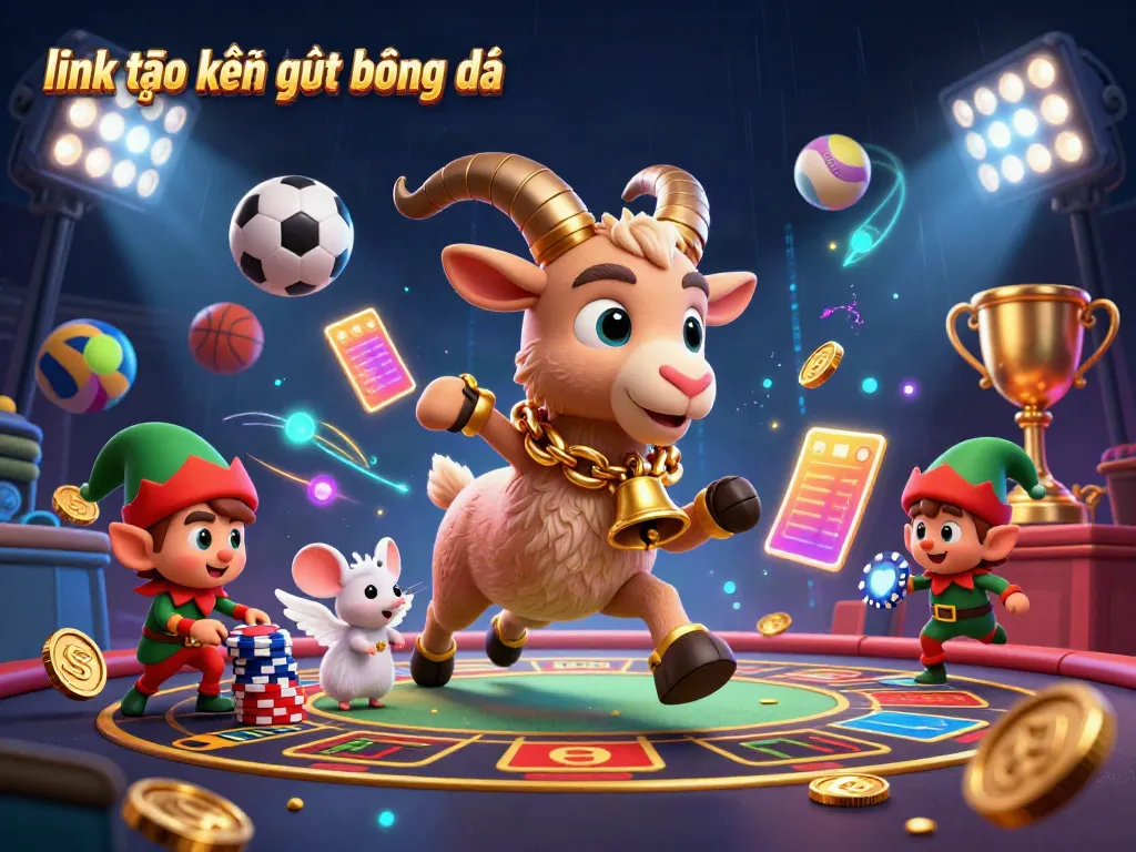Experience the excitement of betting with "link vào kết quả bóng đá" as dynamic sports elements surround animated characters in a vivid sports casino scene.