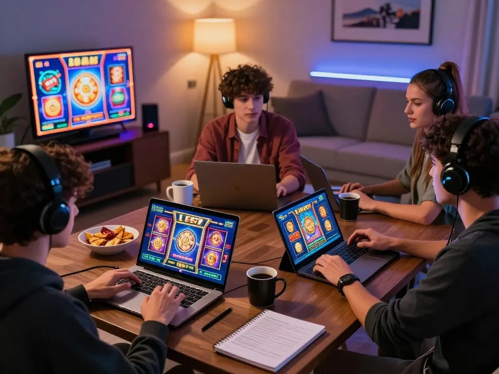 Players enjoying L567 slots on tablets and laptops in a cozy home environment, showcasing online gaming excitement.