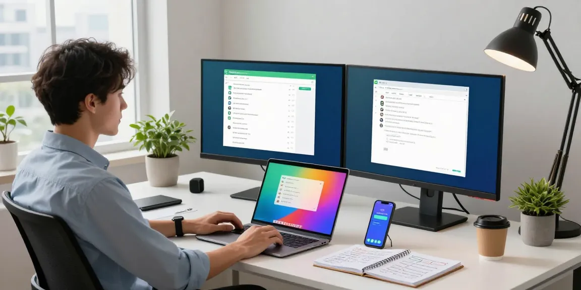 Professional using WhatsApp電腦版 on modern workspace monitors with vibrant interface.