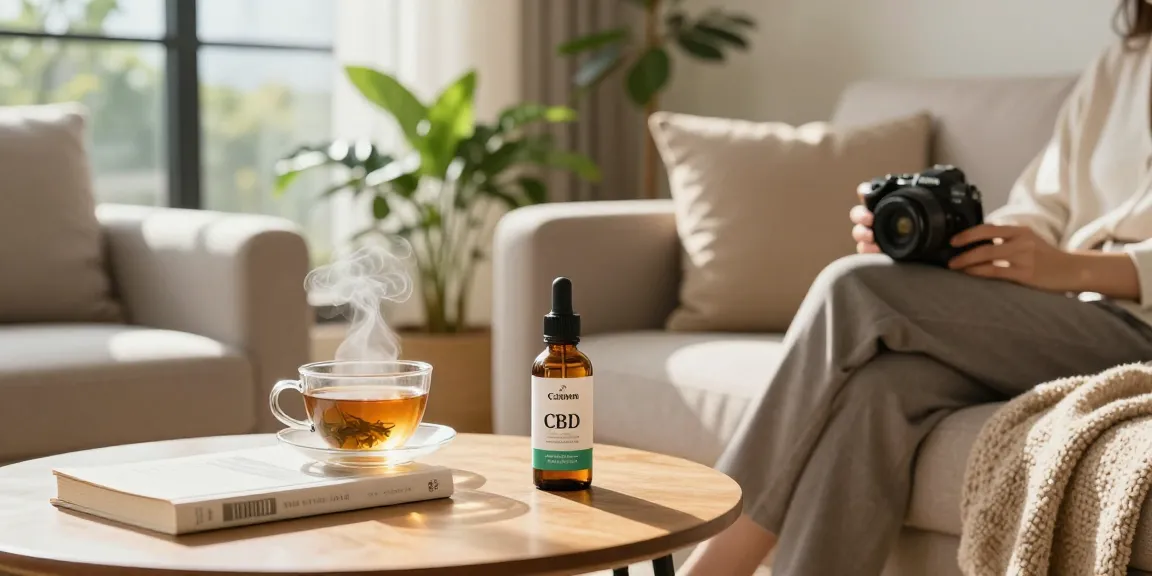 Entspannender Wohnraum mit einer Person, die CBD Öl kauft und genießt, umgeben von Pflanzen und Wellness-Büchern.