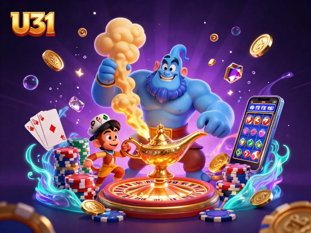 Experience thrilling casino action with U31 in a vibrant, energetic scene full of poker, roulette, and slots excitement.