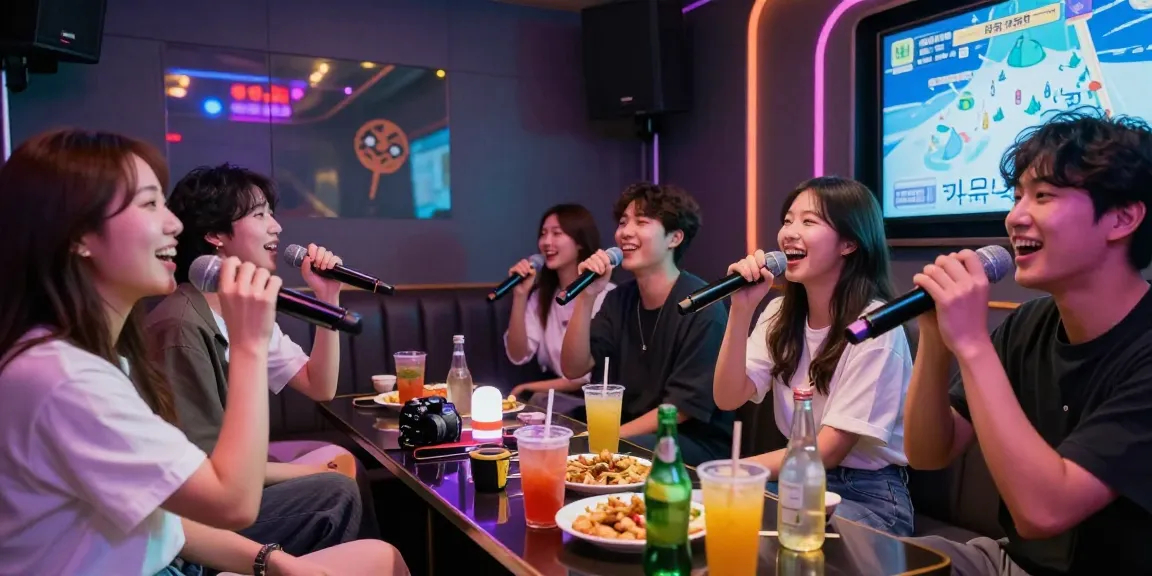 제주유흥의 밤, 친구들이 가라오케에서 즐거운 시간을 보내며 노래를 부르고 있는 모습
