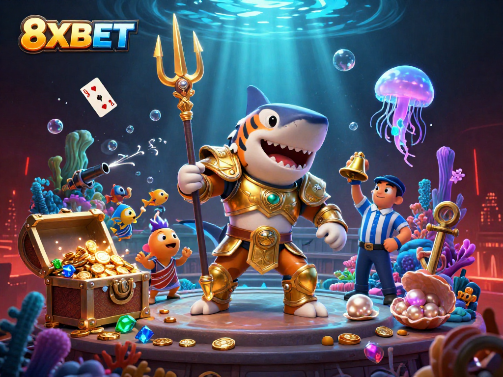 Experience thrilling casinos with 8XBET's underwater scene featuring a tiger shark in gladiator armor.