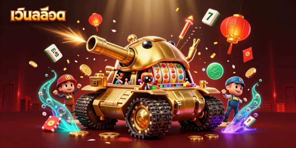 Visualize เว็บสล็อต action with a golden beetle tank revealing a casino inside, displaying vibrant game elements.