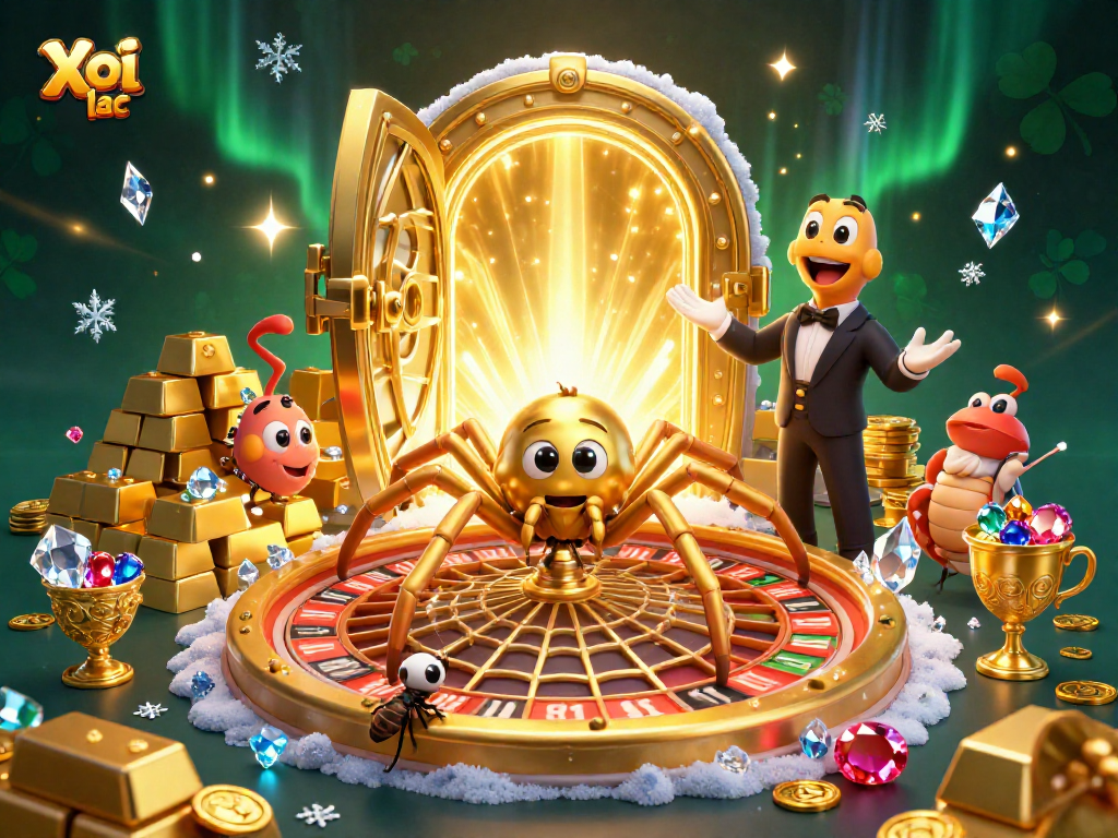 Xoi lac betting scene with golden spider and centipede croupier spinning roulette web.