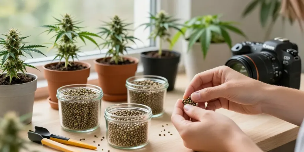 Cannabissamen kaufen: Hochwertige Samen in einem Garten mit sorgfältiger Pflege.