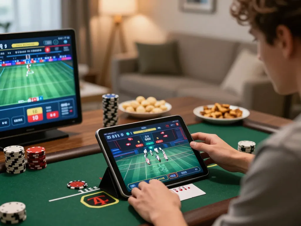 An individual engaging in strategic blackjack gameplay with bj886 app on their tablet in a cozy home setting.